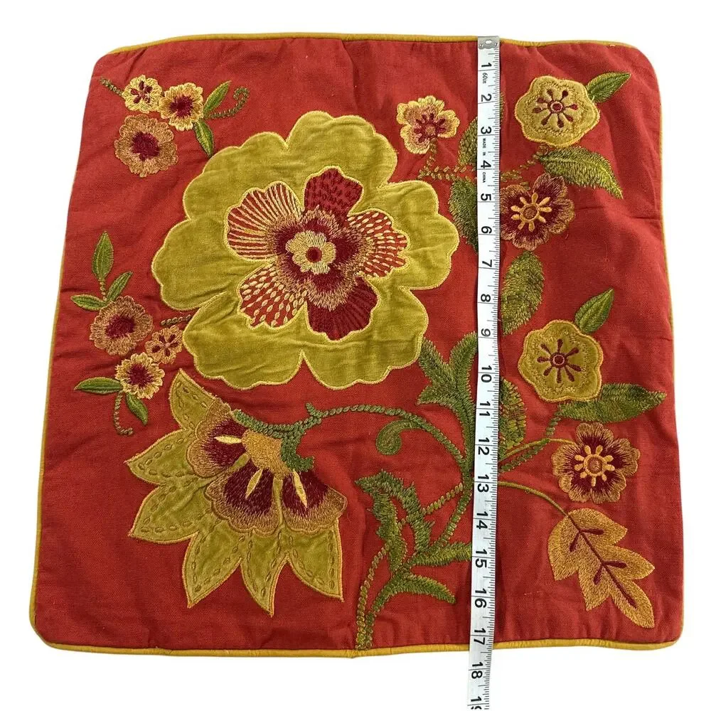 Vintage Pier 1 Embroidered Floral Throw Pillow Cover Applique 17x18
